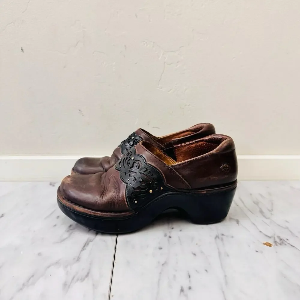 Ariat Tambour Brown Leather Slip on Clogs womens size 6